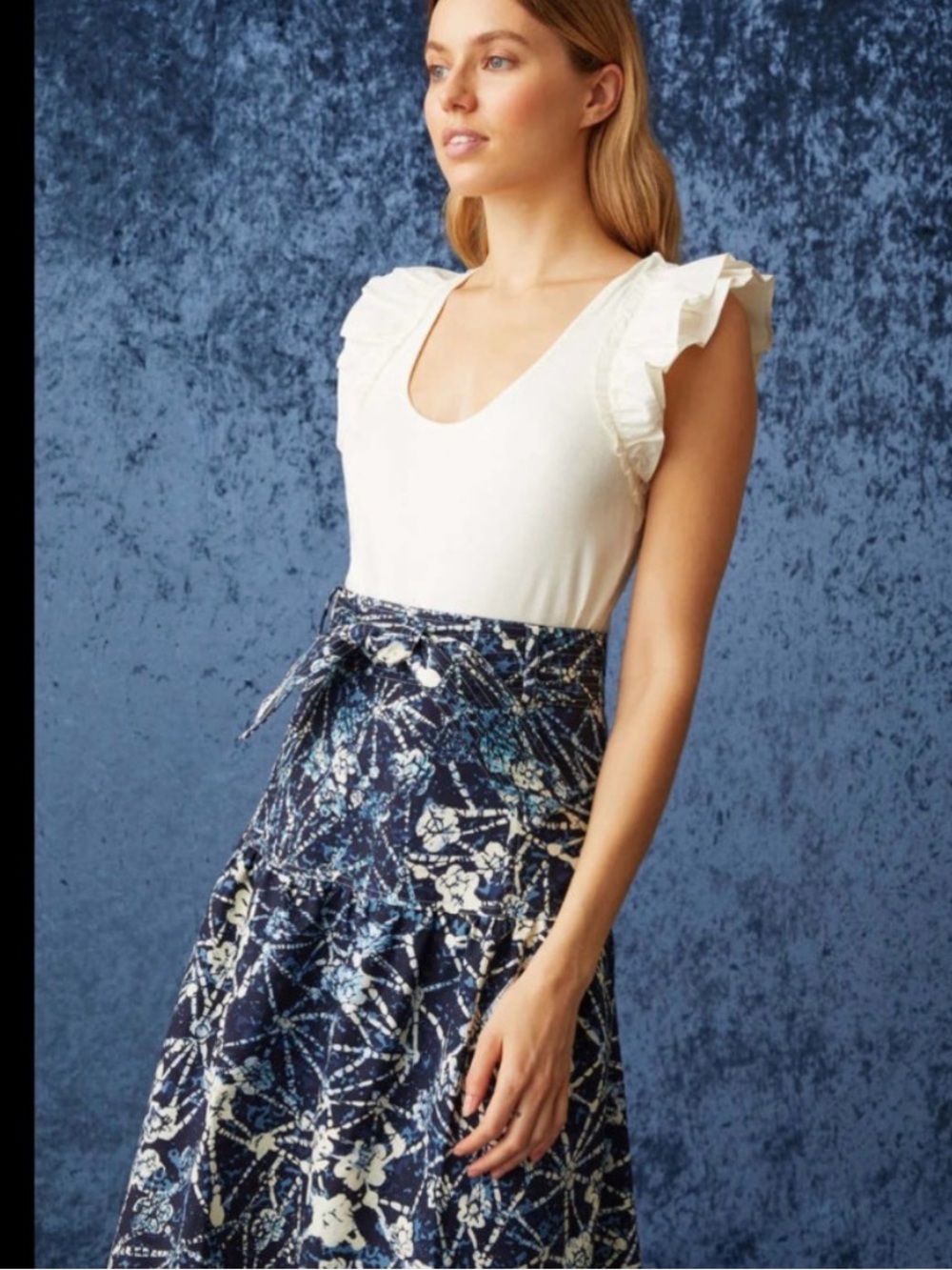 (SHELL) Marie Oliver Blue and White A-Line Midi Skirt